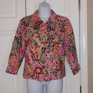 PATRICK CHRISTOPHER 100% Linen Floral Blazer Jacket Button Up 3/4 Sleeve